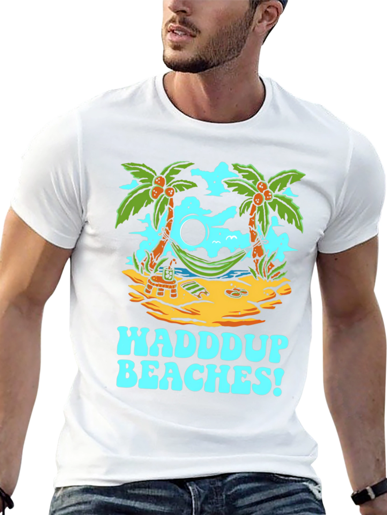 Waddup Beaches T-Shirt - Tropical Island Hammock Design