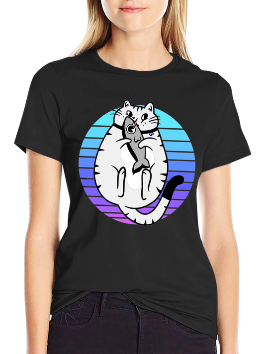 Cat Holding Fish Graphic T-Shirt - Black