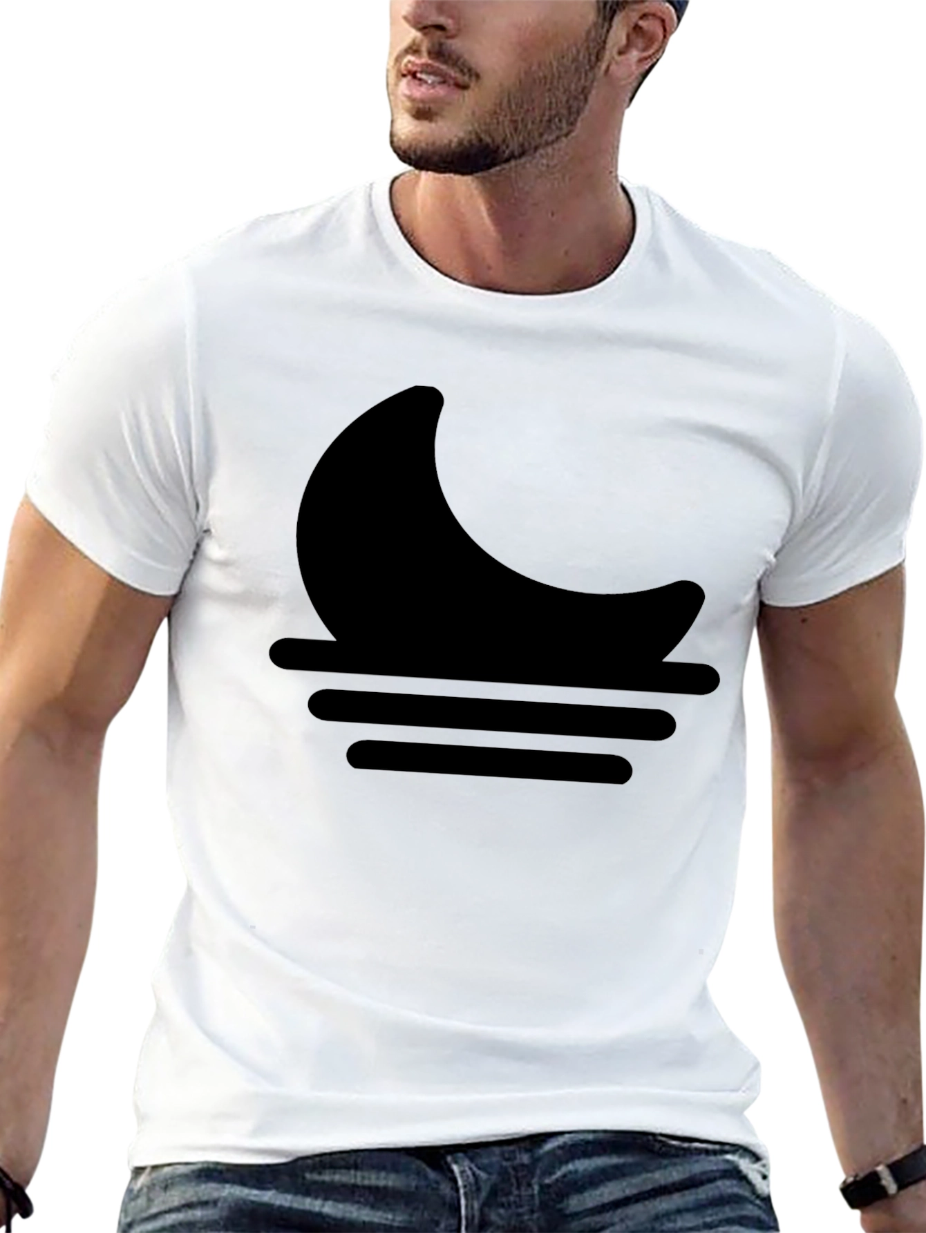 Minimalist Moon & Waves Graphic Black T-Shirt