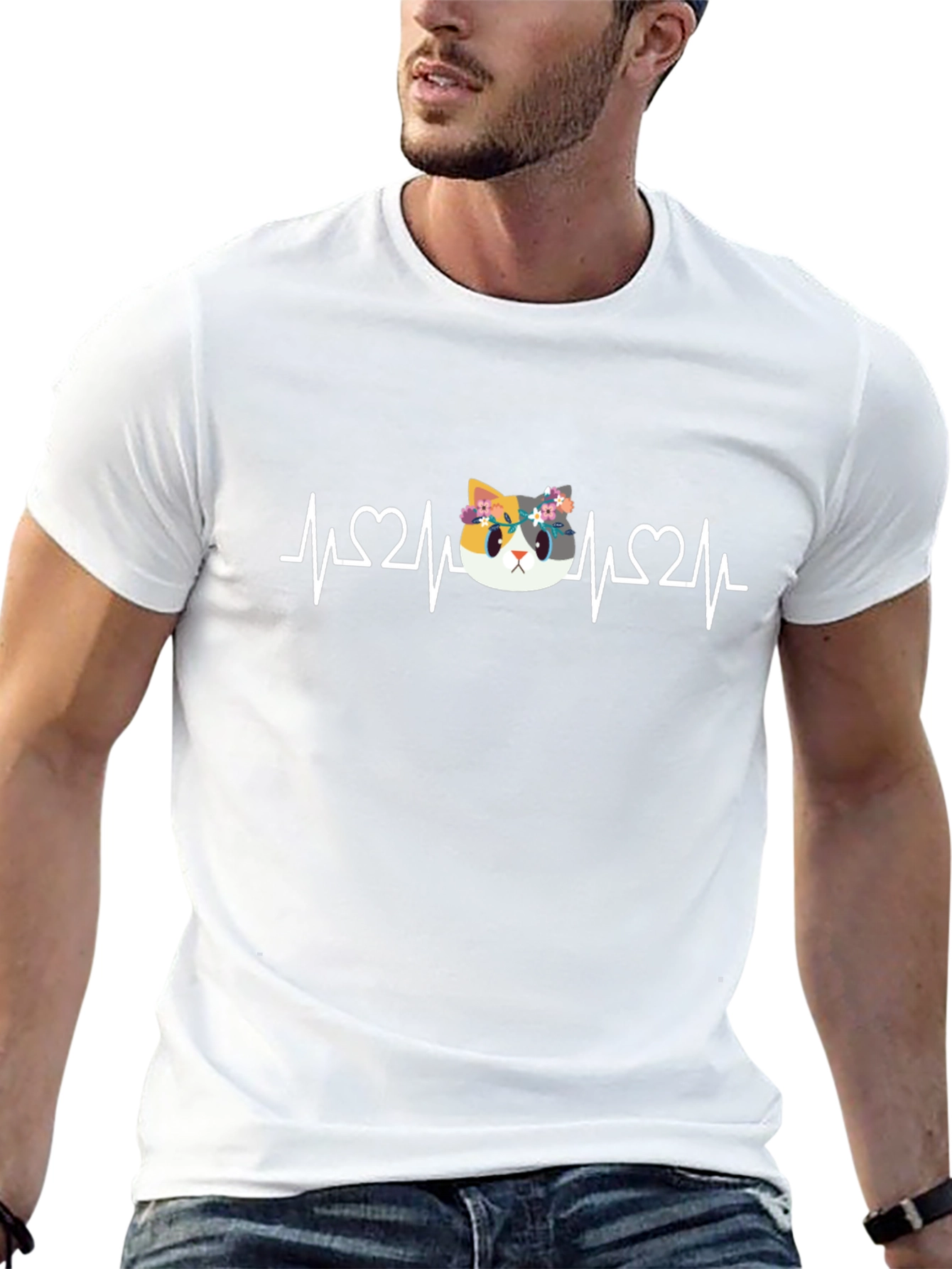 Cat Heartbeat T-Shirt - Floral Crown Kitten Tee