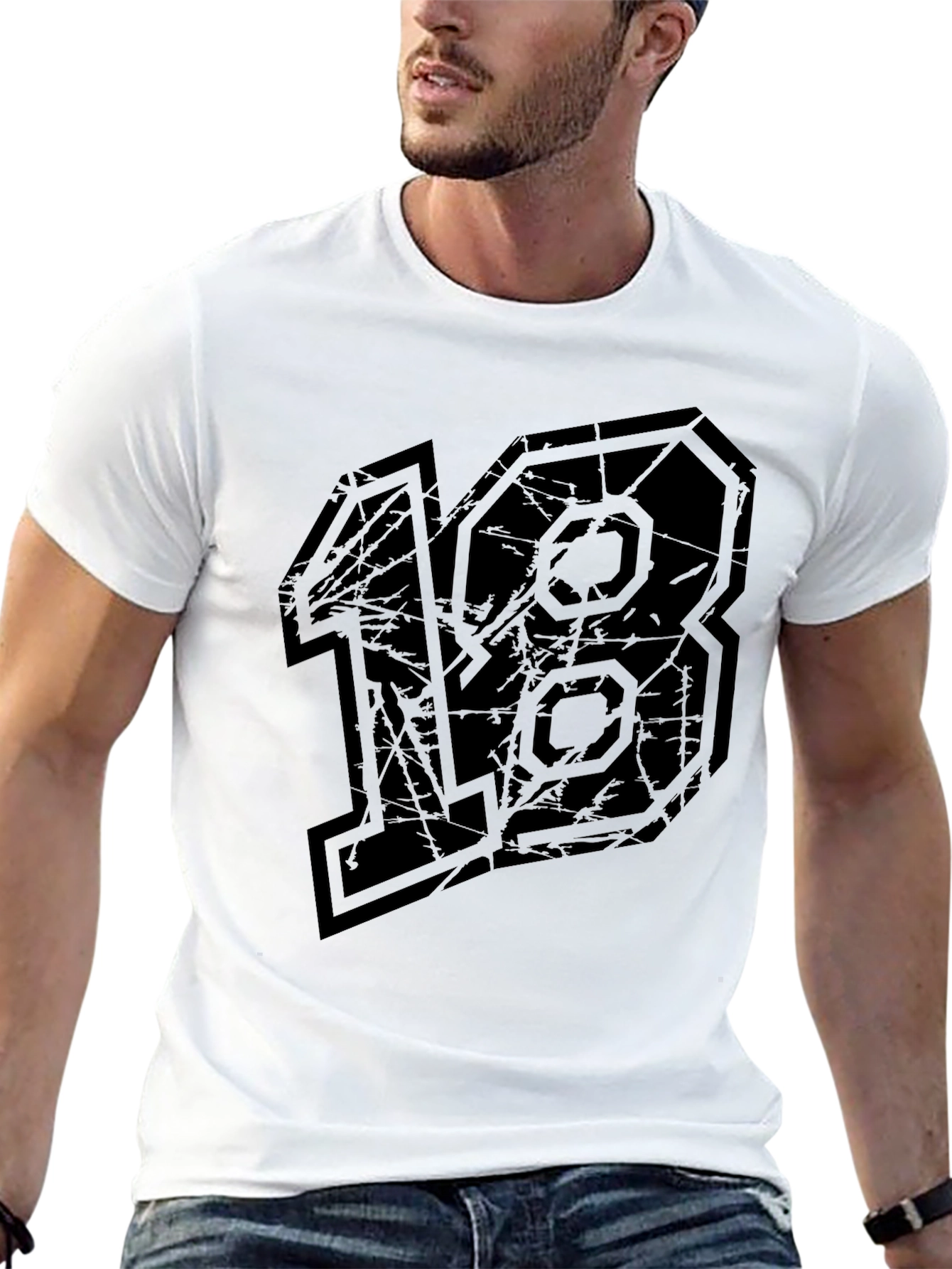 Distressed Number 18 Graphic Tee - Black