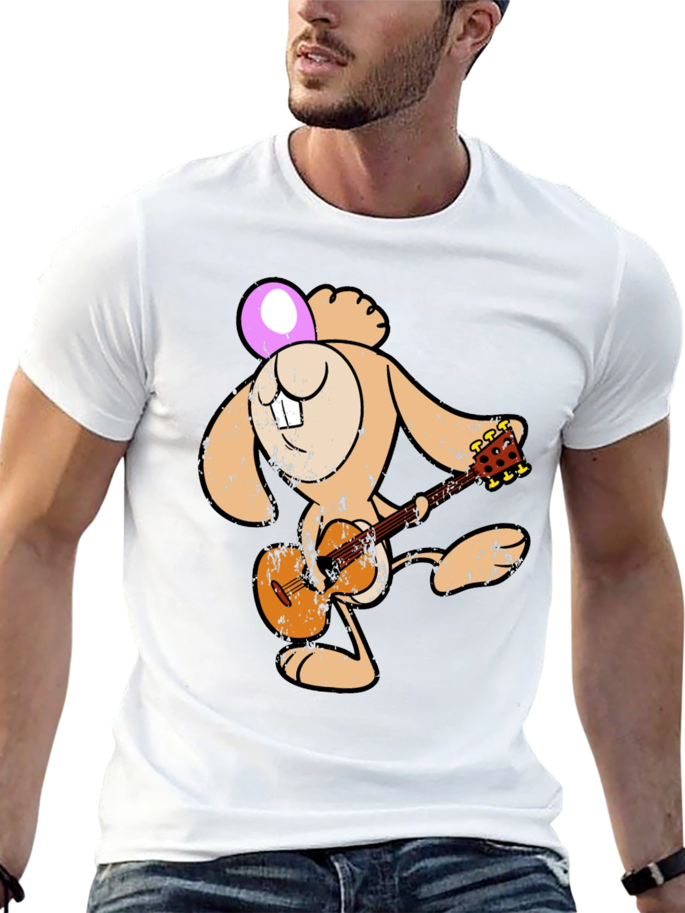 Cartoon Bunny Playing Guitar Graphic Tee