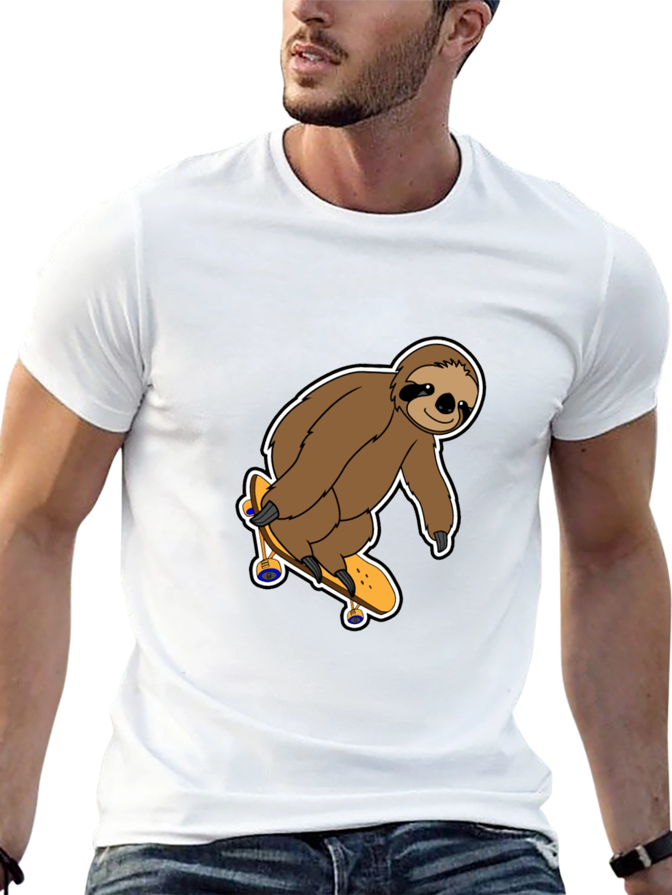 Sloth Skateboarder Graphic Tee - Black Cotton Shirt