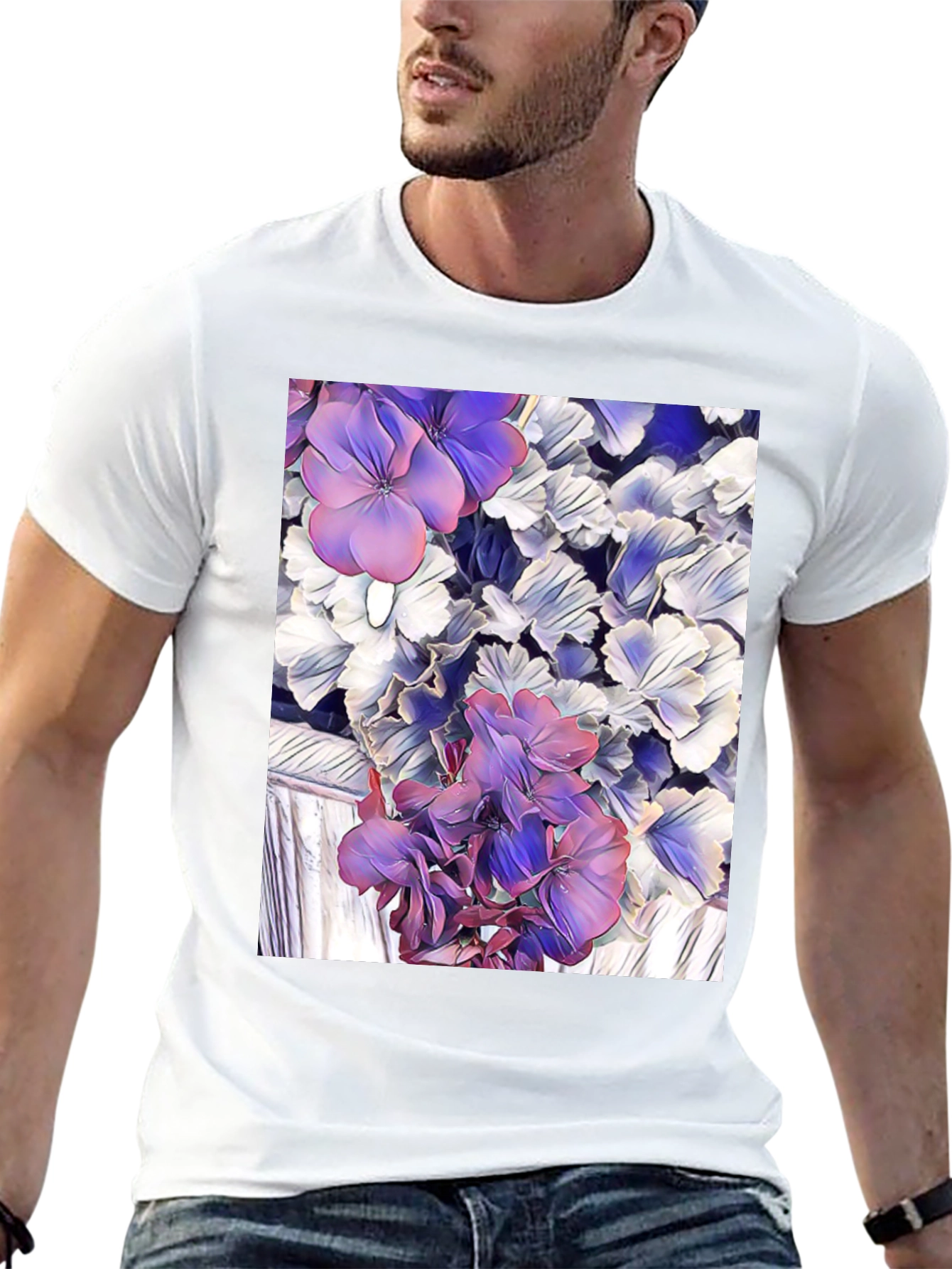 Floral Print Black T-Shirt - Unique Artistic Design