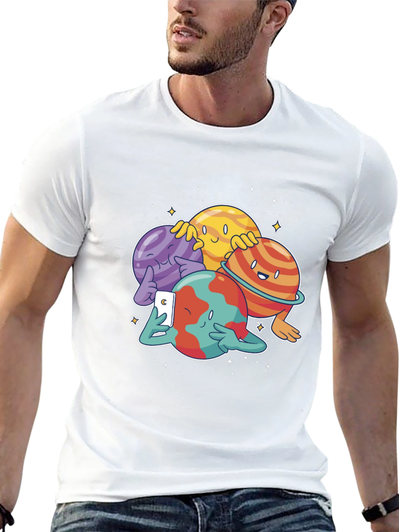 Cartoon Planets Selfie Black T-Shirt