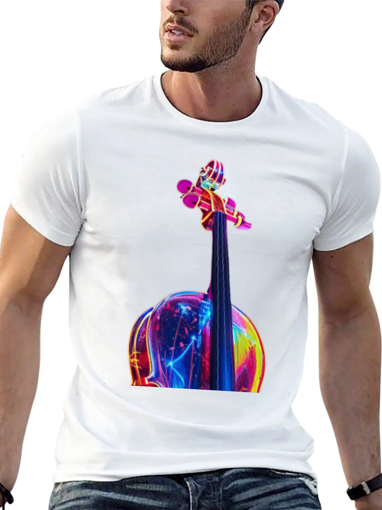 Neon Violin Graphic Tee - Black Casual T-Shirt