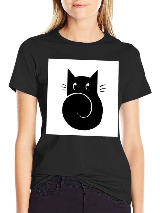 Stylized Cat Graphic Tee - Black Cotton Casual Shirt