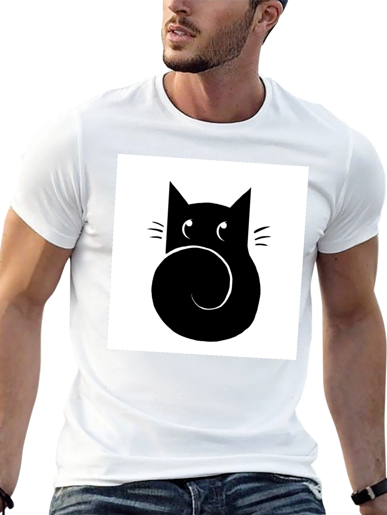 Stylized Cat Graphic Tee - Black Cotton Casual Shirt
