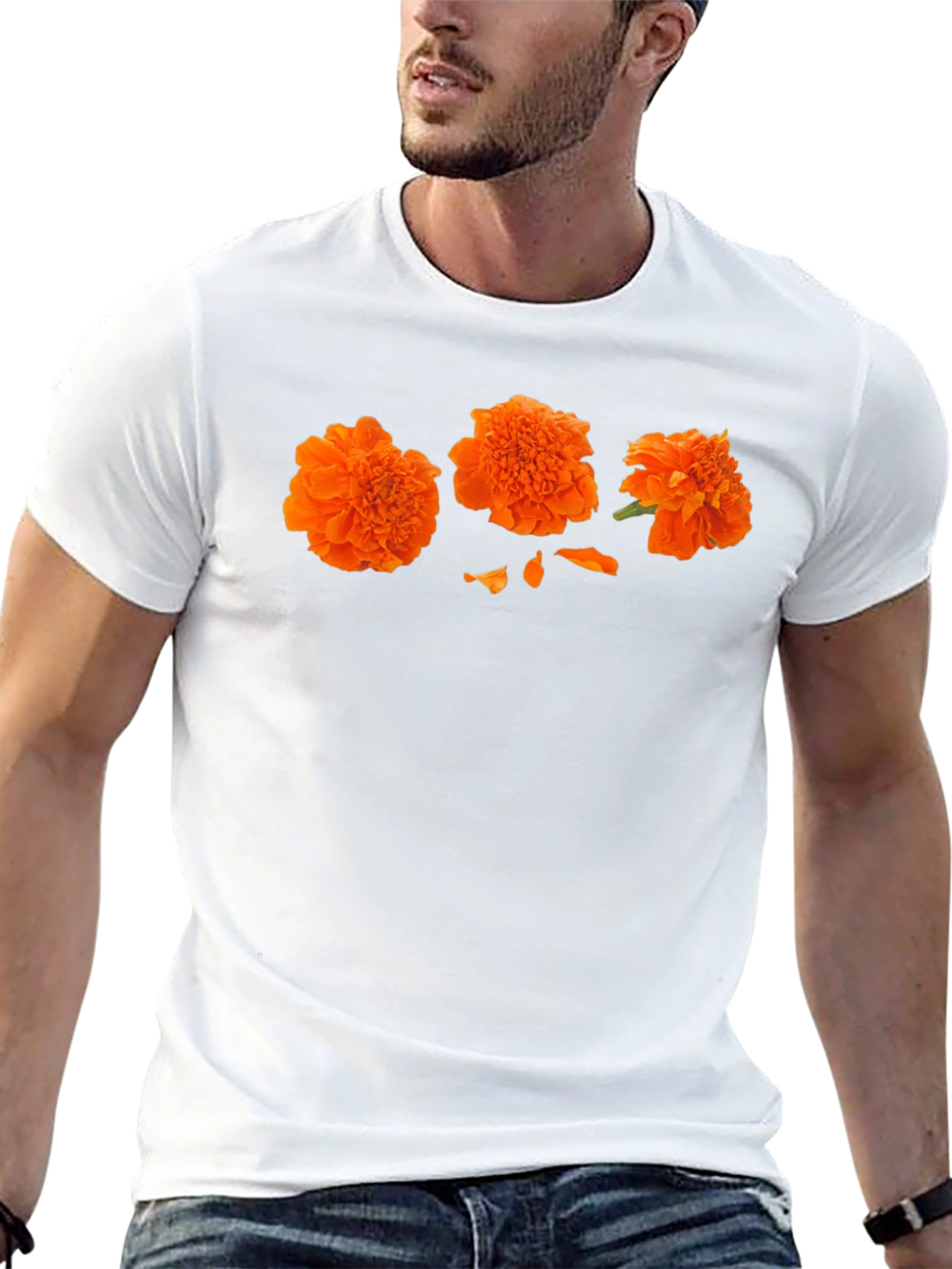 Orange Flower Print Black T-Shirt - Casual Style