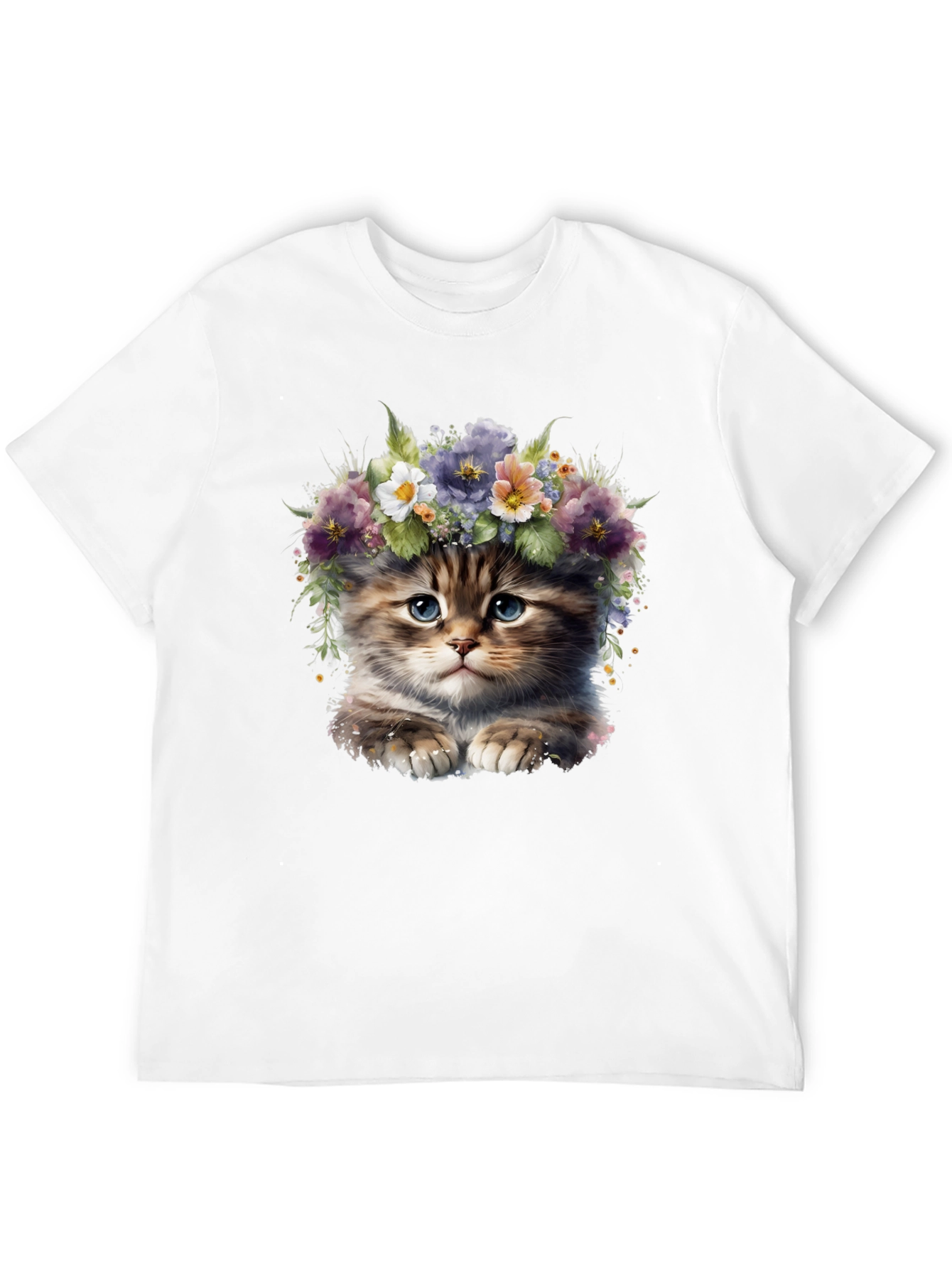 Cute Kitten Floral Crown Graphic Tee - Black