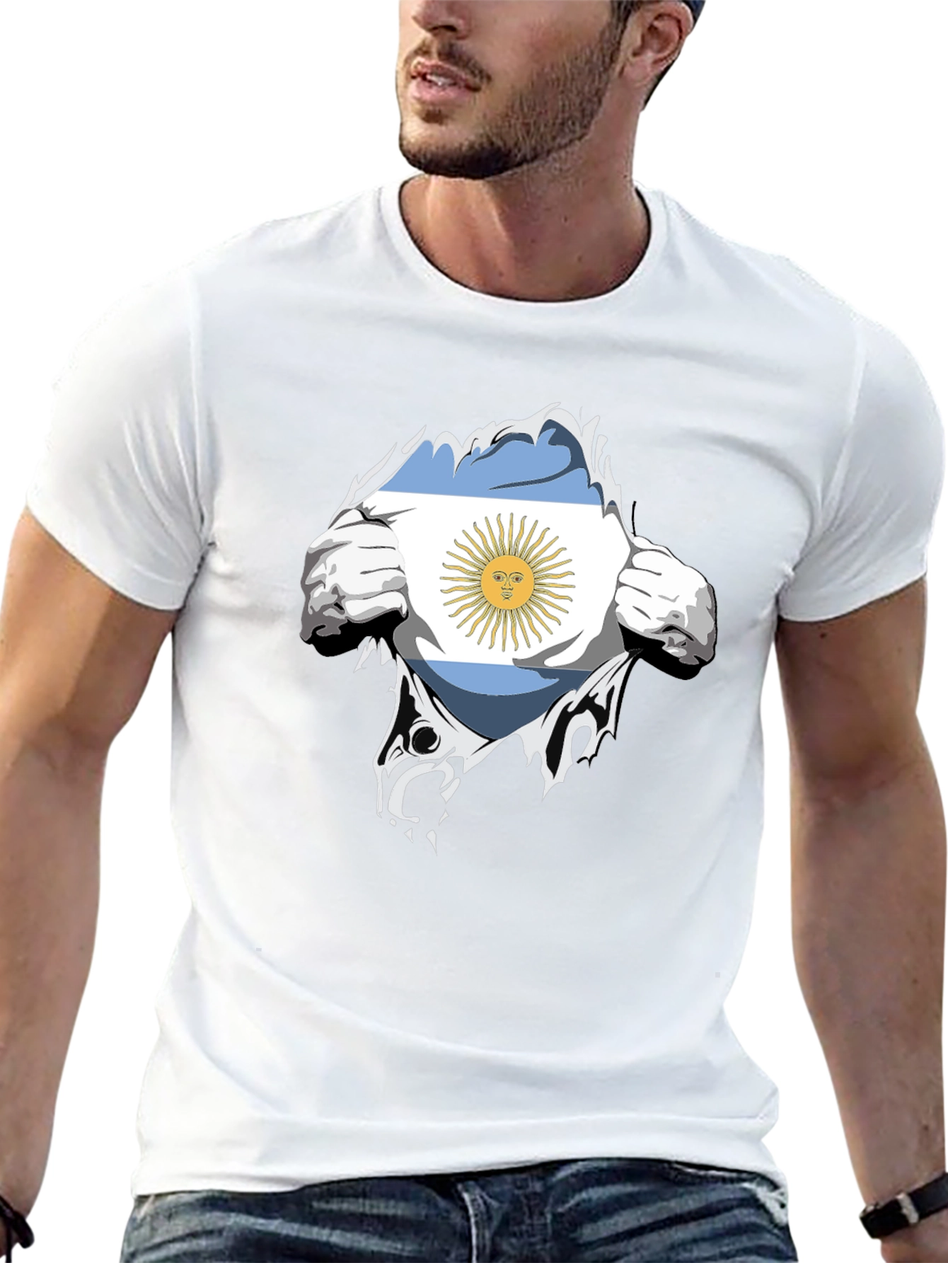 Argentina Flag Chest Rip Black T-Shirt