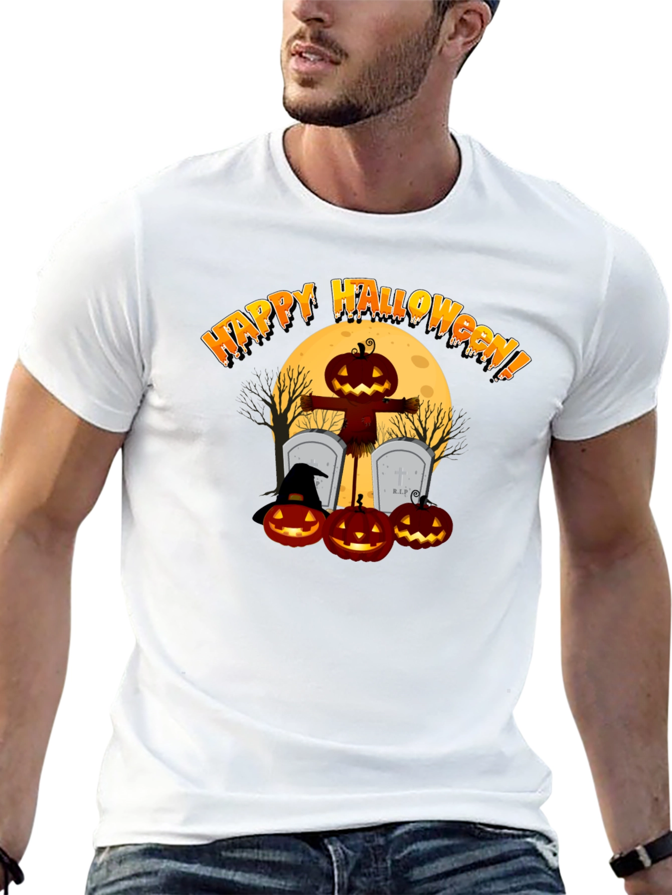 Happy Halloween Pumpkin Scarecrow Black T-Shirt