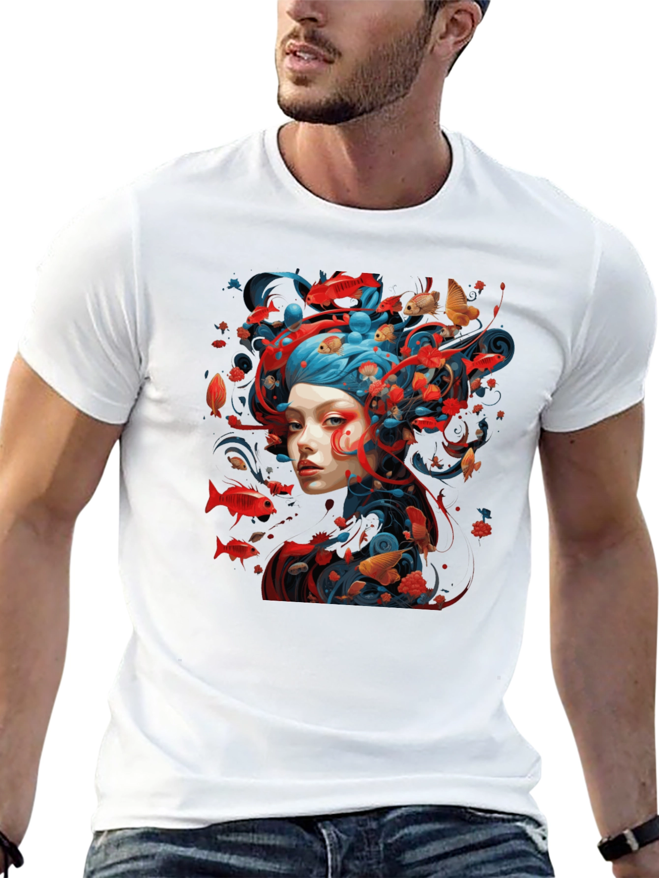 Artistic Fish Design Black T-Shirt