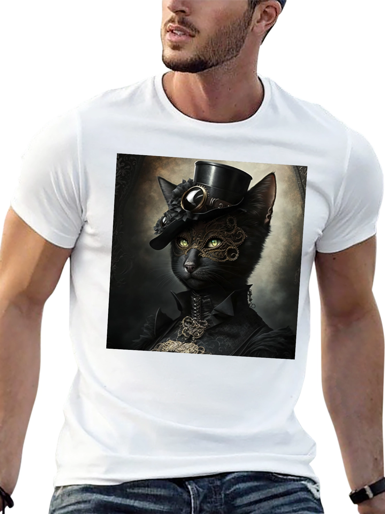 Steampunk Cat Graphic T-Shirt - Victorian Feline Style