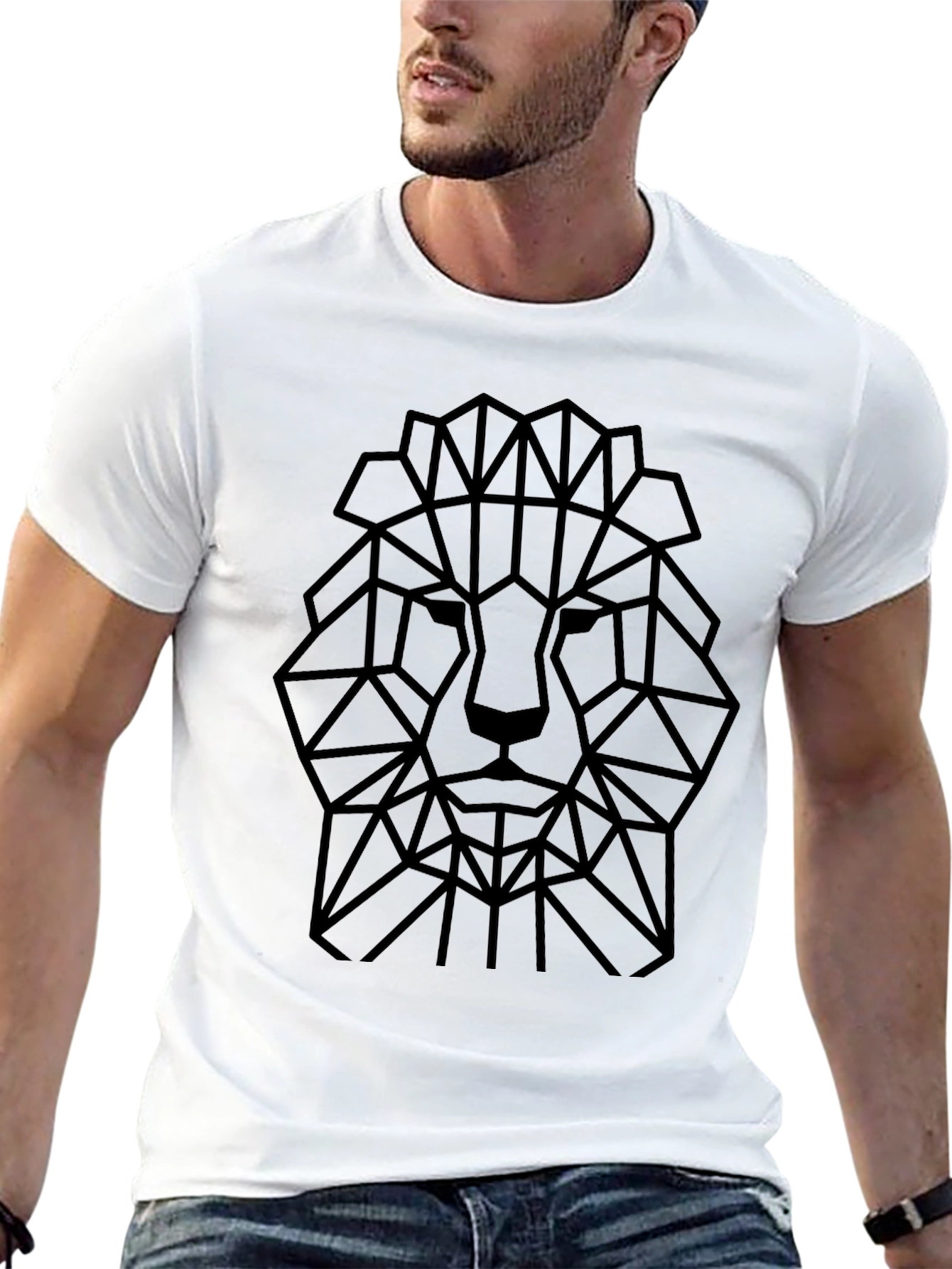 Geometric Lion Head Graphic Tee - Black