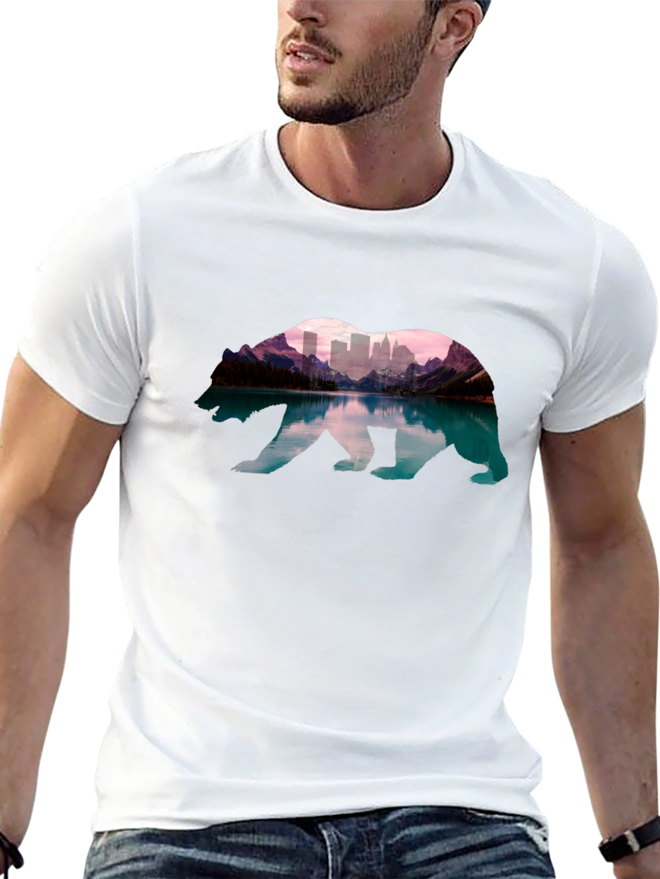 Bear Silhouette Mountain Cityscape T-Shirt