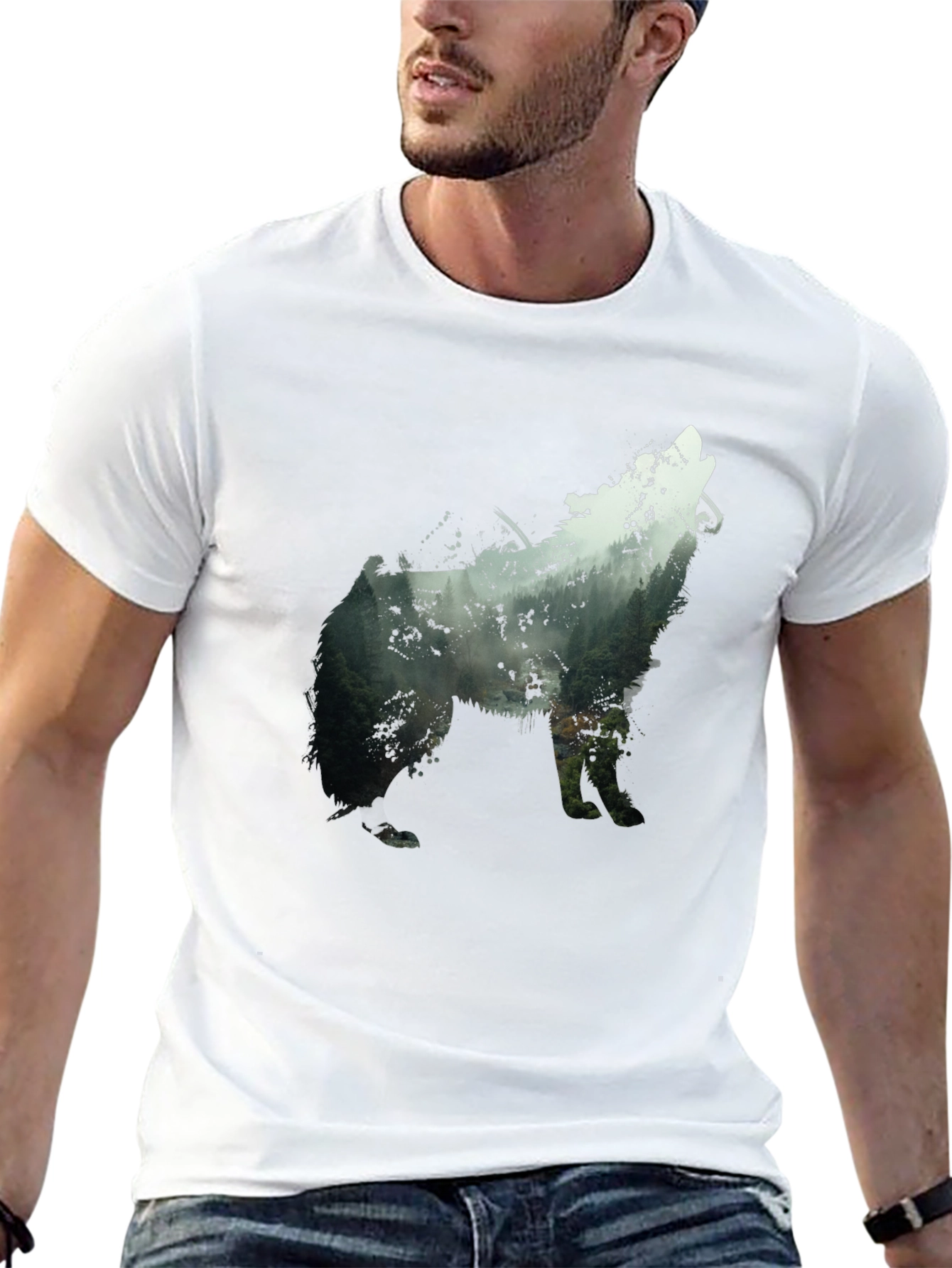 Wolf Silhouette Forest Graphic Tee - Black