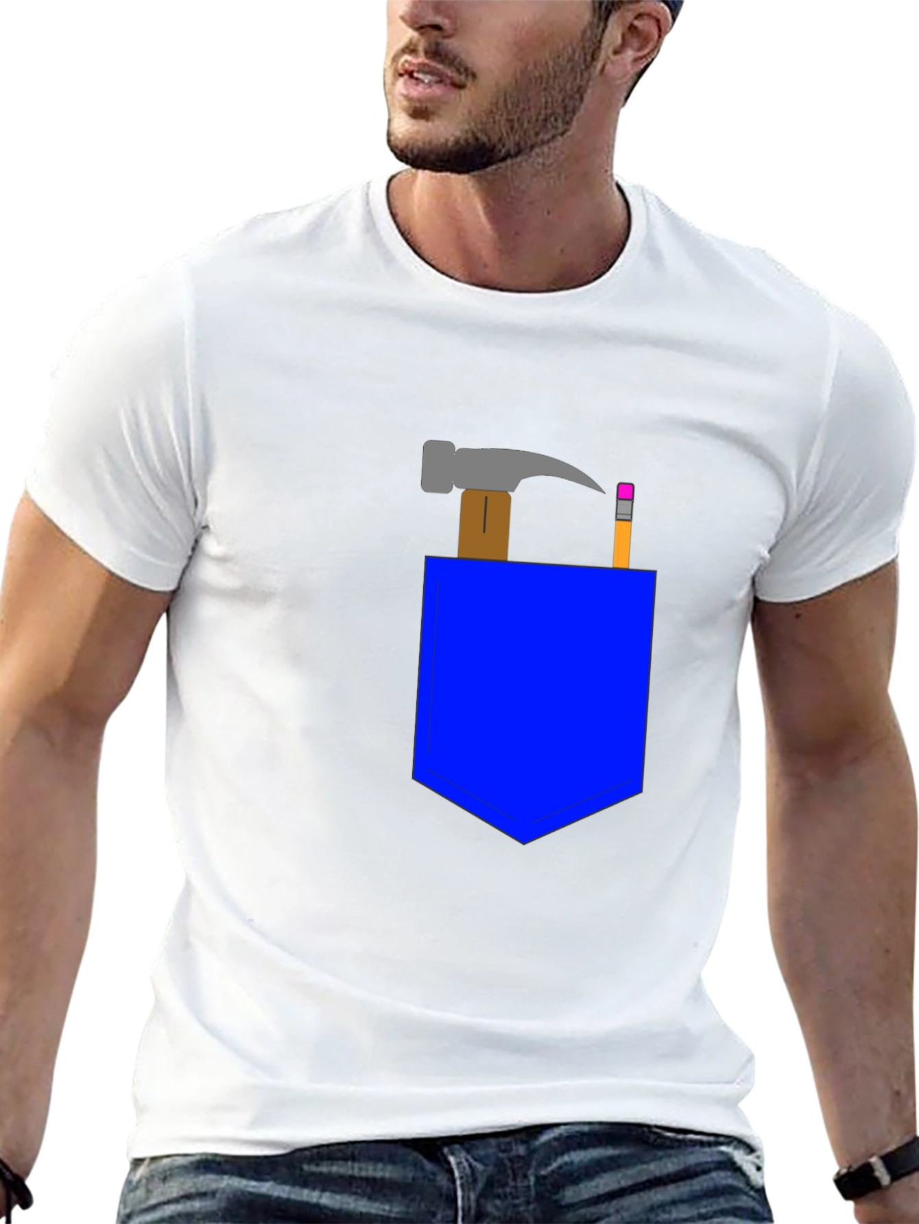 Cartoon Hammer & Pencil Pocket Graphic Tee