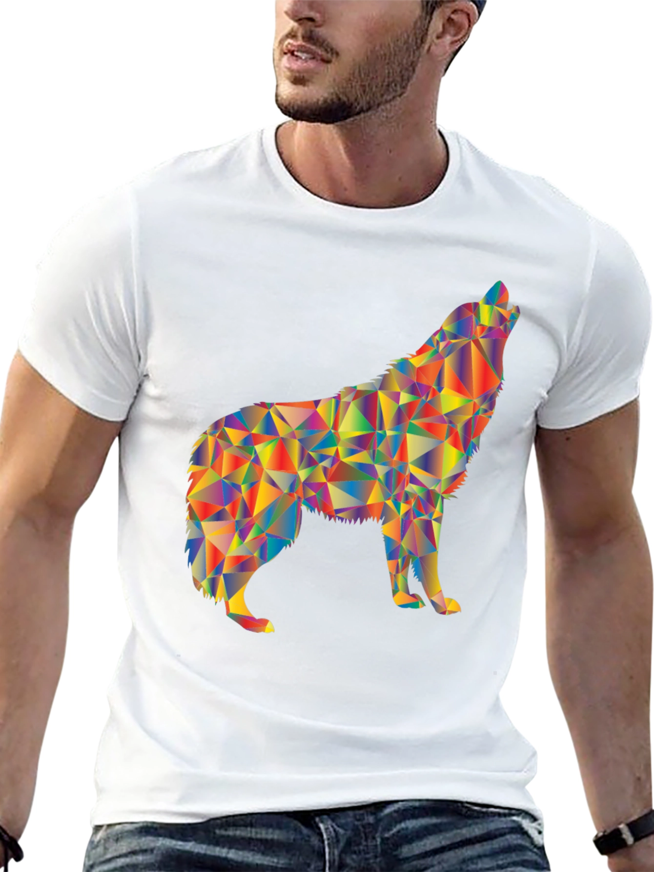 Geometric Wolf Graphic Print Black T-Shirt