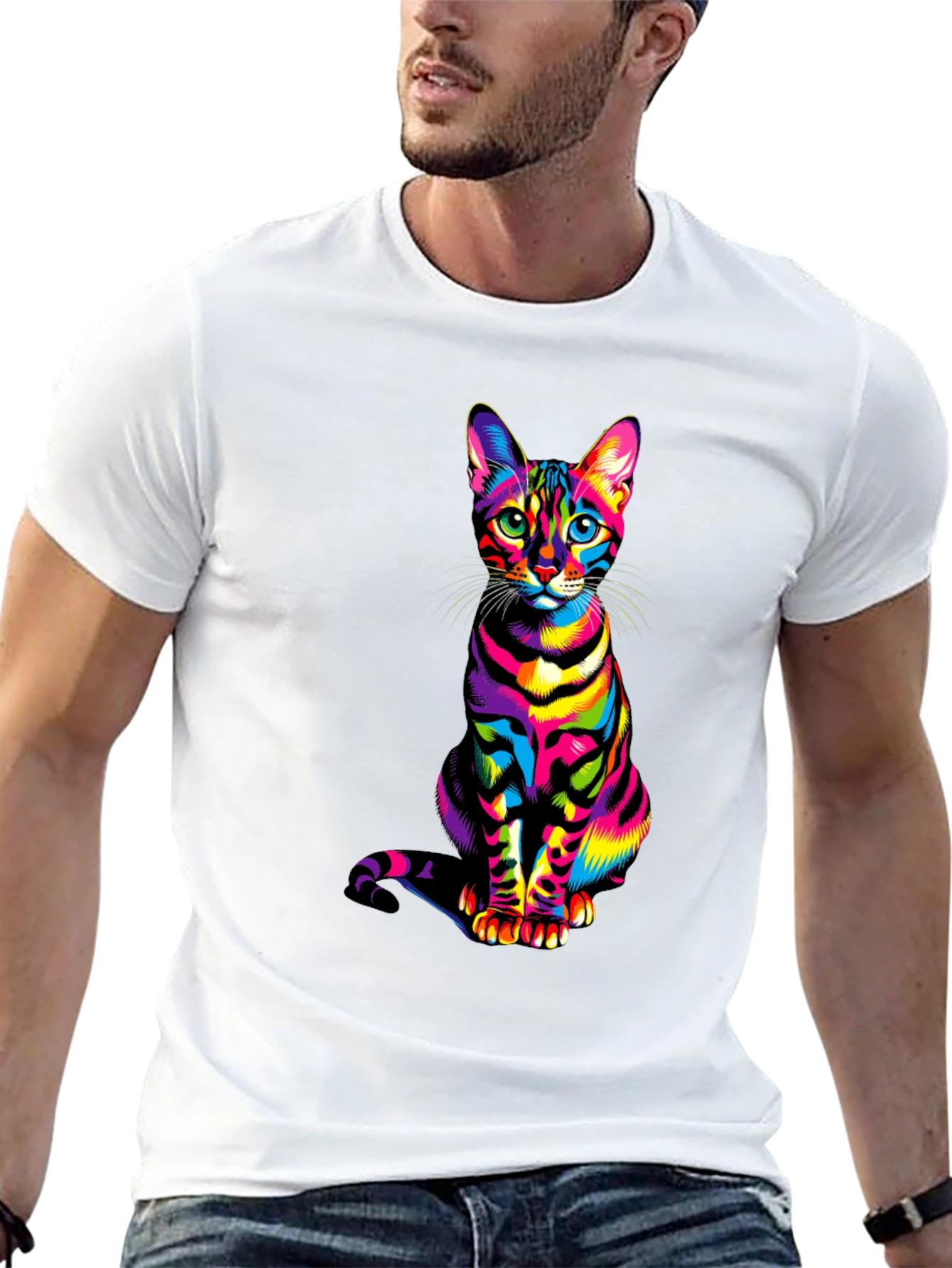 Rainbow Cat Graphic Tee - Vibrant Mens T-Shirt