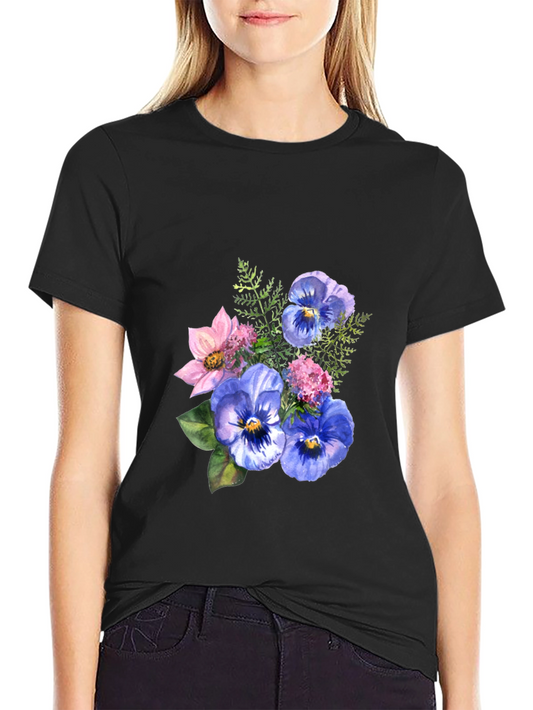Floral Pansy Graphic Tee - Black Cotton Casual Wear