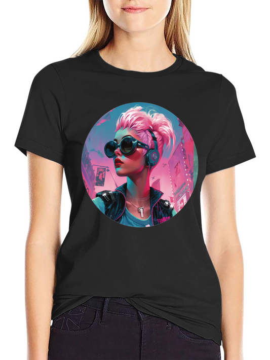 Cyberpunk Girl Graphic Tee - Black Cotton T-Shirt