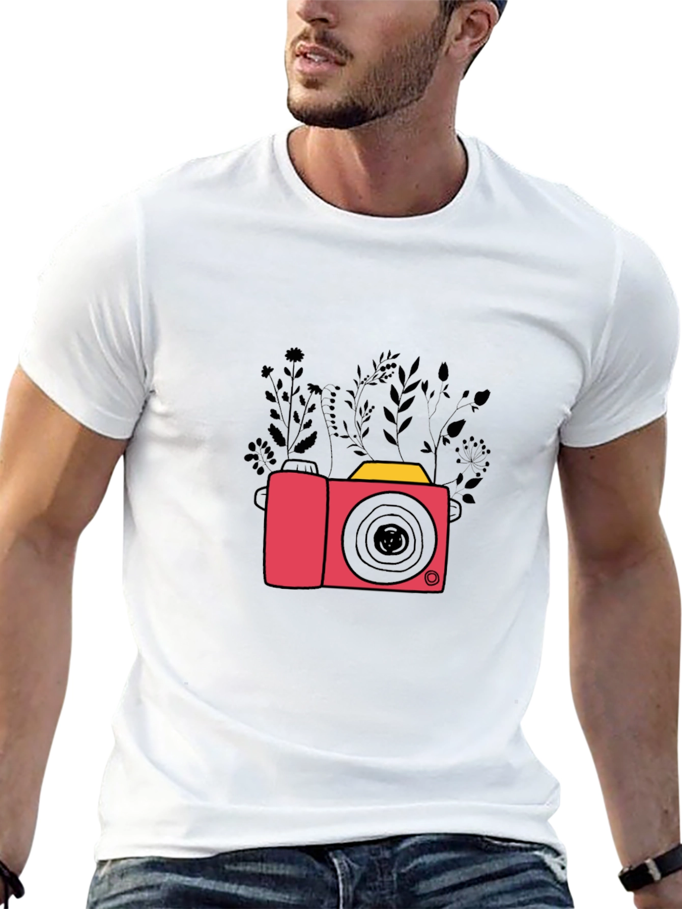 Stylish Black T-Shirt with Camera & Floral Design