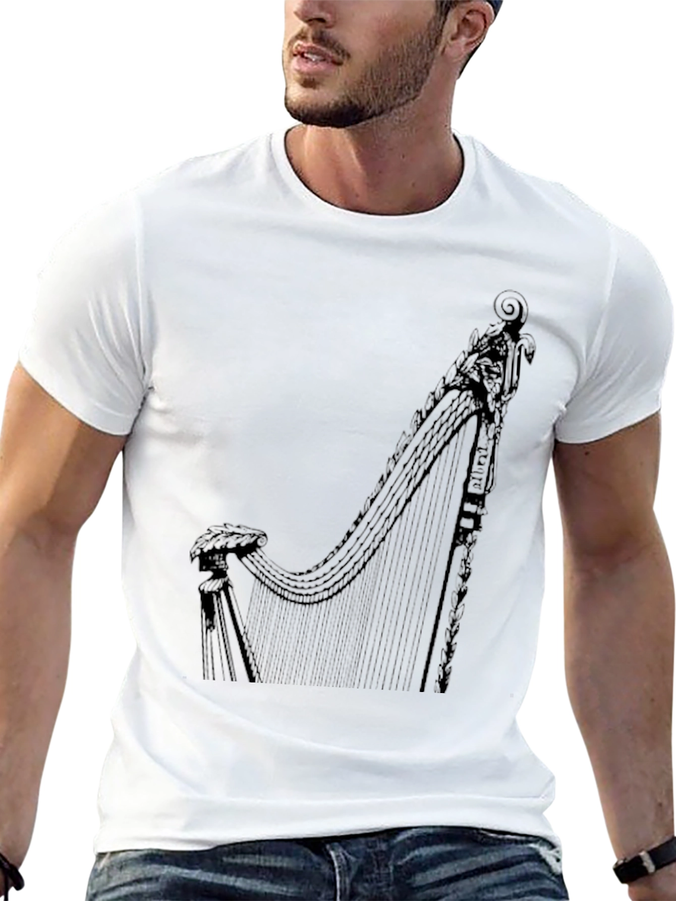 Elegant Harp Graphic Tee - Black Cotton T-Shirt