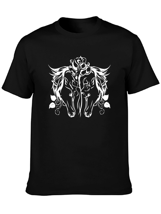 Black T-Shirt with Horse and Rose Graphic