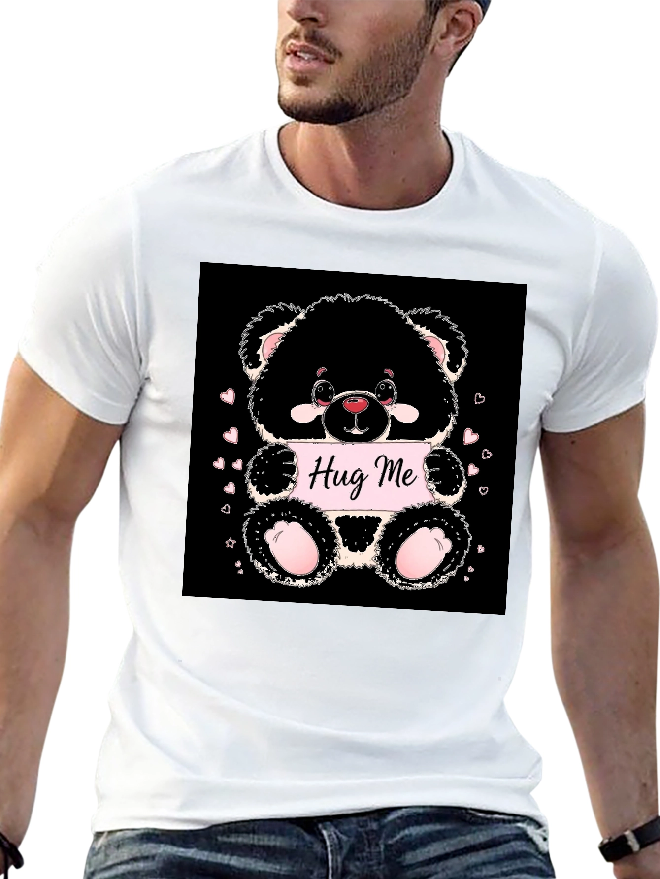 Cute Bear Hug Me Black T-Shirt