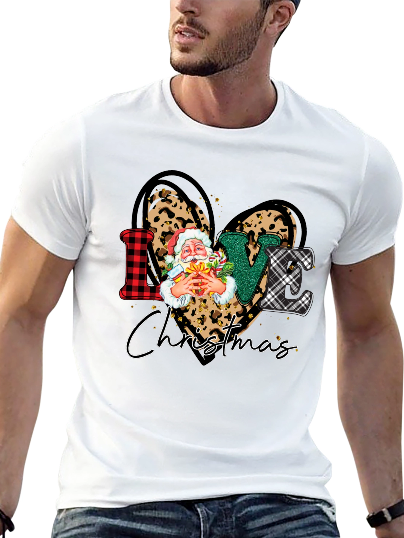 Love Christmas Heart Santa Leopard Print T-Shirt