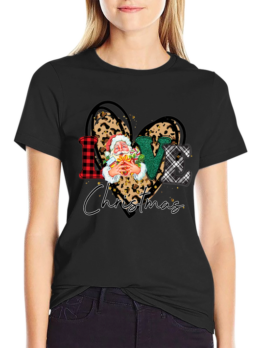 Love Christmas Heart Santa Leopard Print T-Shirt