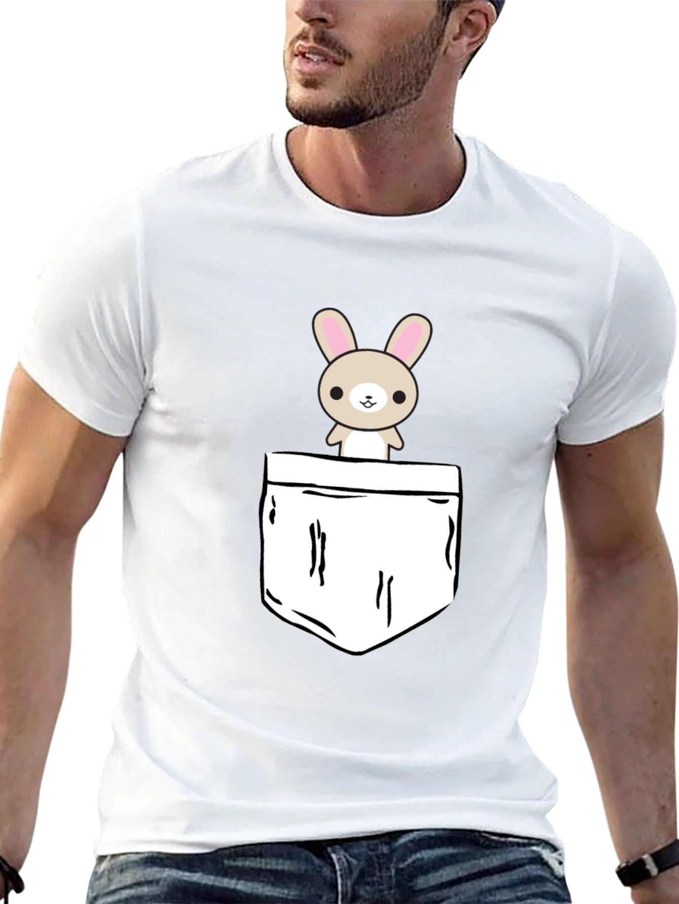 Cute Bunny Pocket Graphic T-Shirt - Black