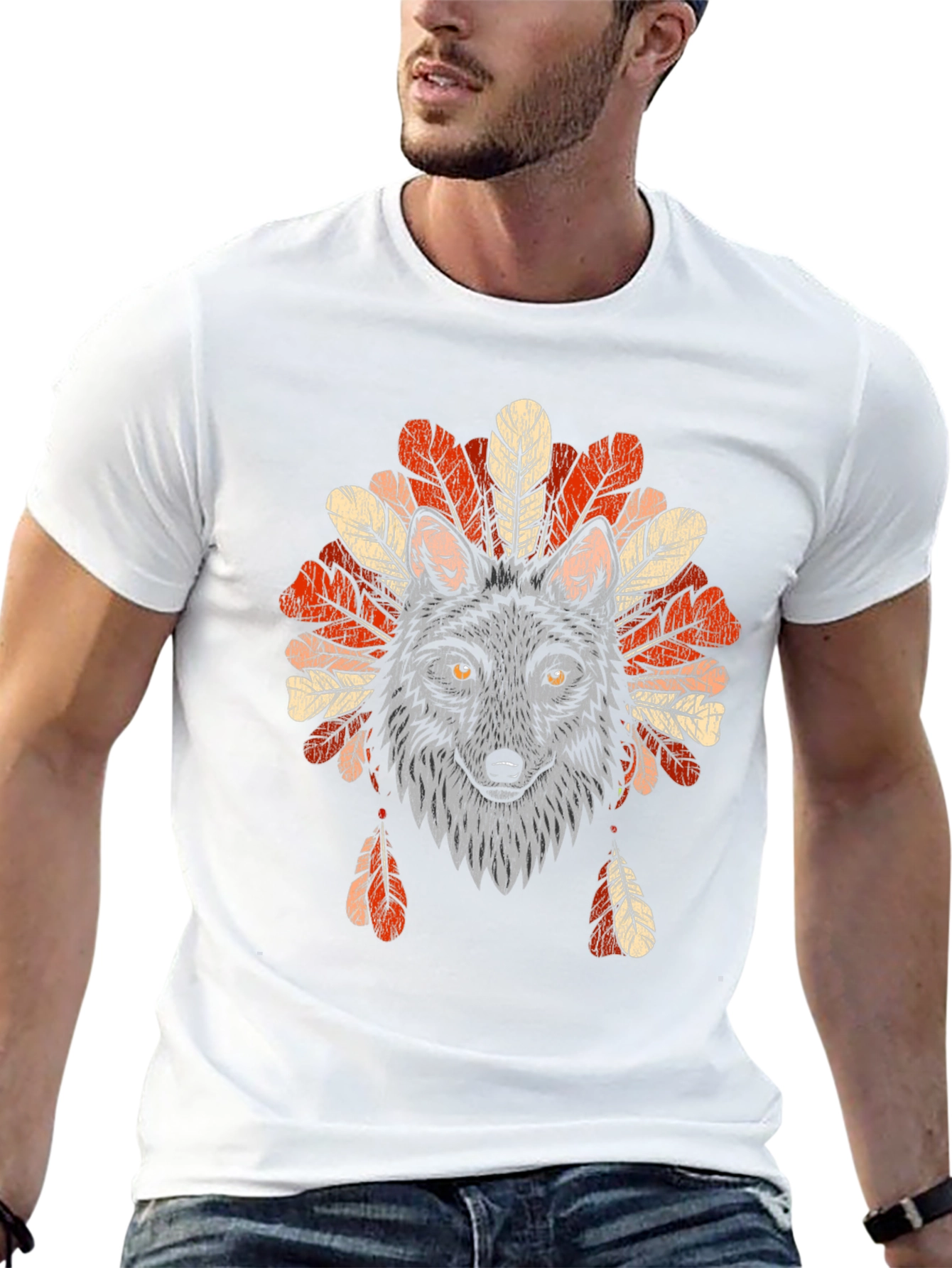 Wolf Headdress Graphic Tee - Native American Style T-Shirt