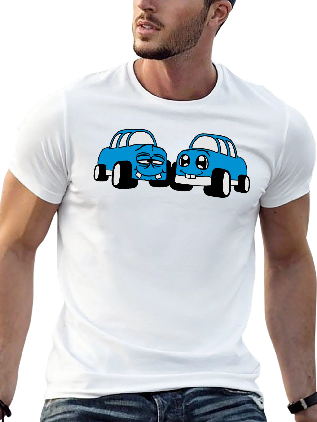 Cartoon Car Graphic Tee - Black Cotton T-Shirt
