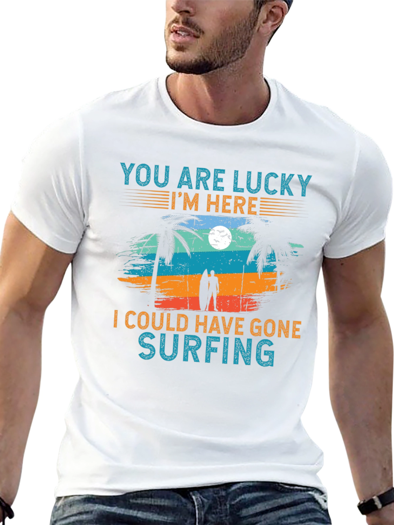 Lucky Im Here Surfing Graphic T-Shirt