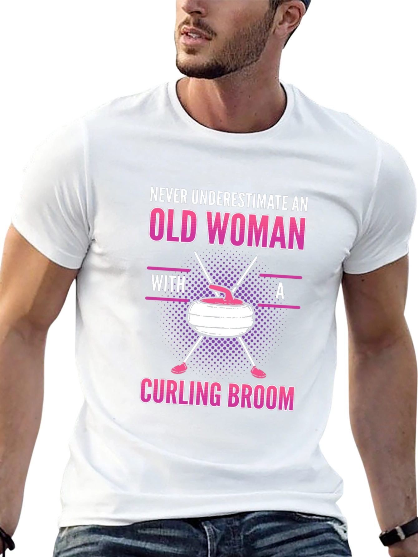 Old Woman Curling Broom Graphic T-Shirt
