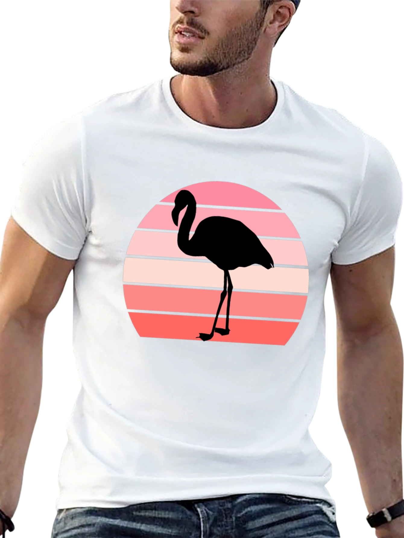Retro Flamingo Sunset Graphic Tee - Black Cotton T-Shirt