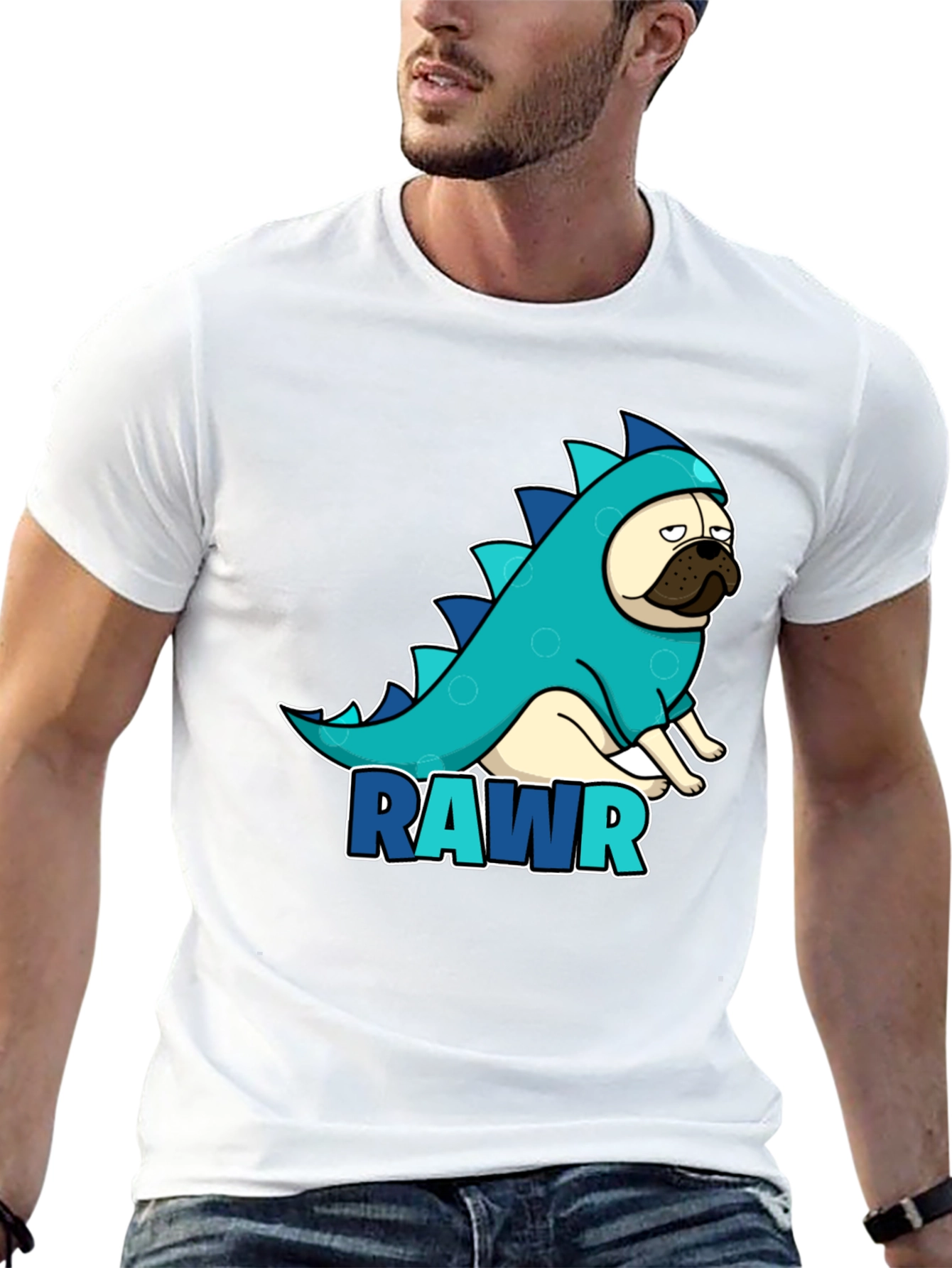 Pug Dinosaur RAWR T-Shirt - Black Cotton Tee