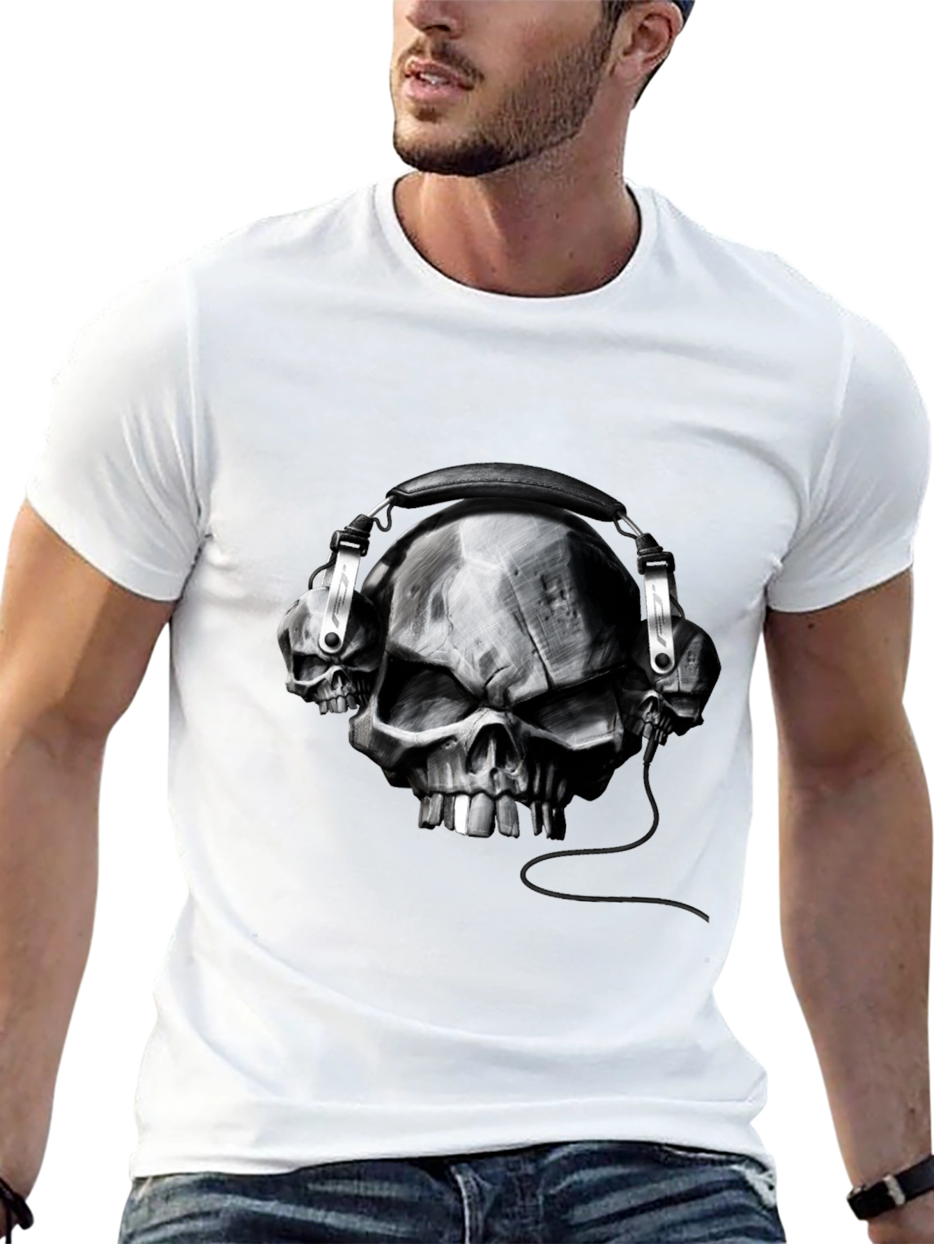 Skull Headphones Graphic Tee - Black Cotton T-Shirt
