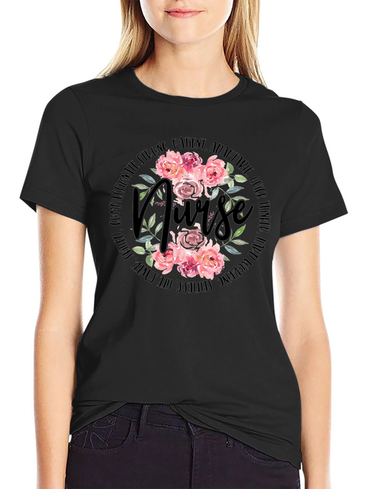 Floral Nurse T-Shirt - Strong Patient Adorable