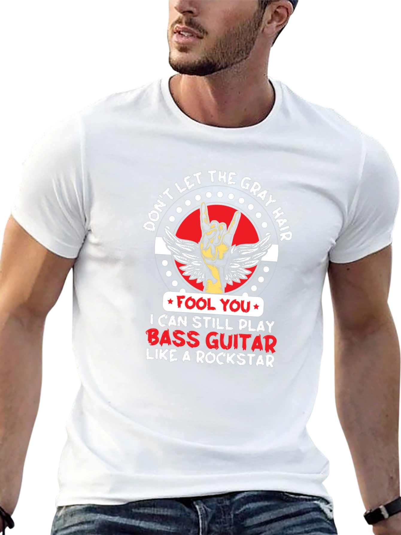 Gray Hair Bass Guitar Rockstar T-Shirt
