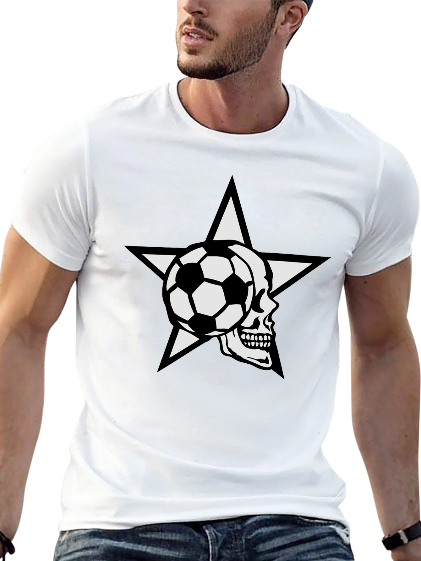 Soccer Skull Star Graphic Tee - Black Cotton T-Shirt