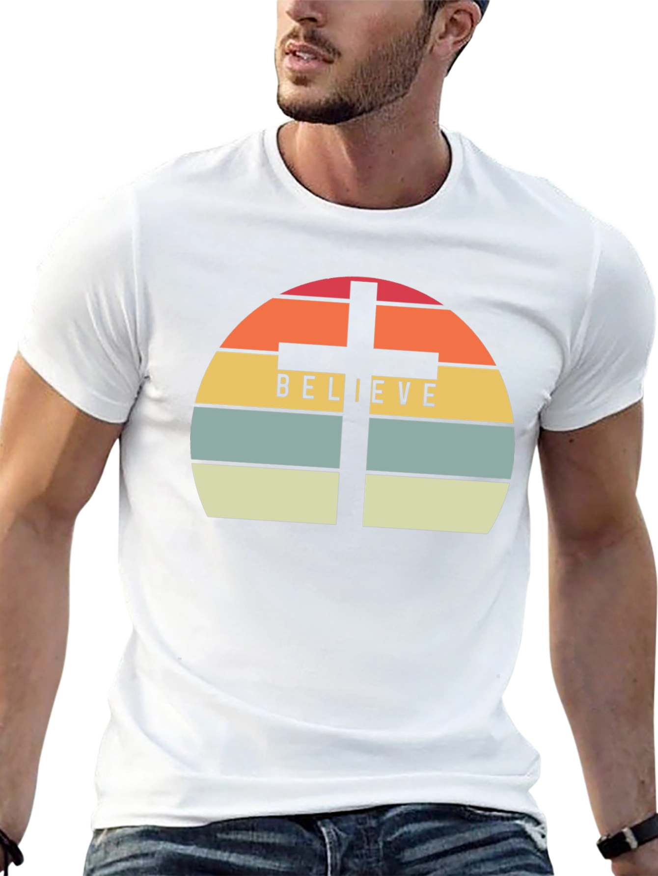 Believe Cross Graphic Tee - Religious Sunset Design