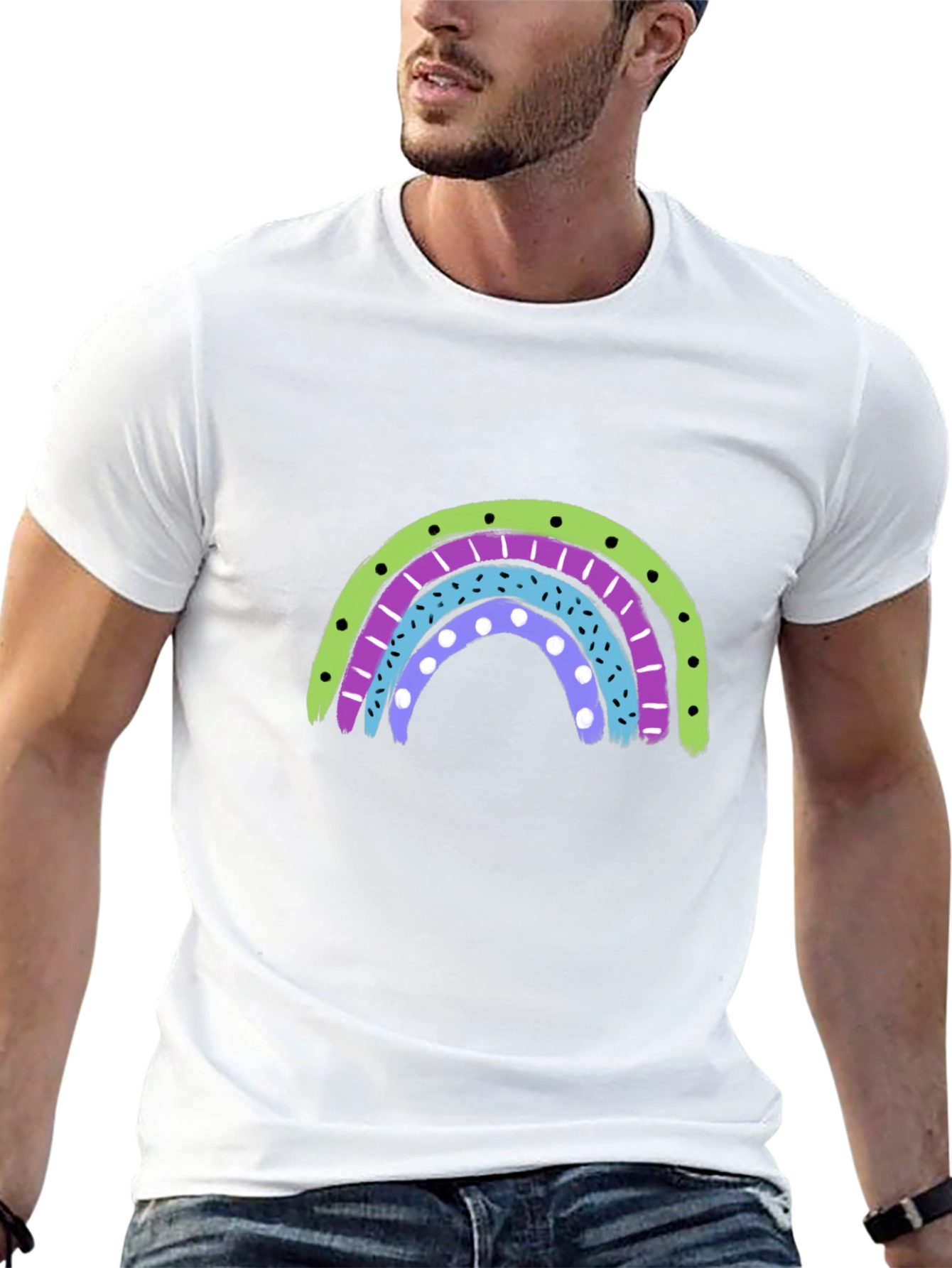 Retro Rainbow Graphic Tee - Black Cotton Blend Shirt