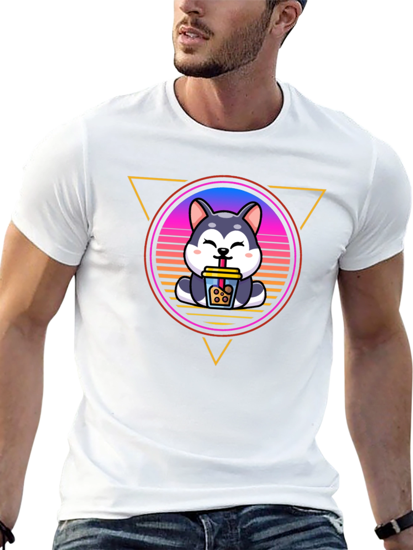 Cute Husky Boba Tea Graphic Black T-Shirt