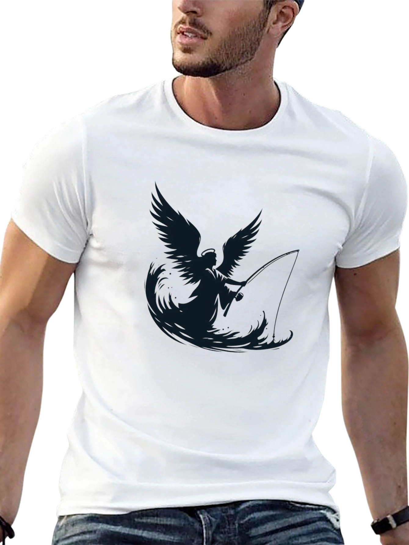 Angel Fisherman Graphic Black T-Shirt