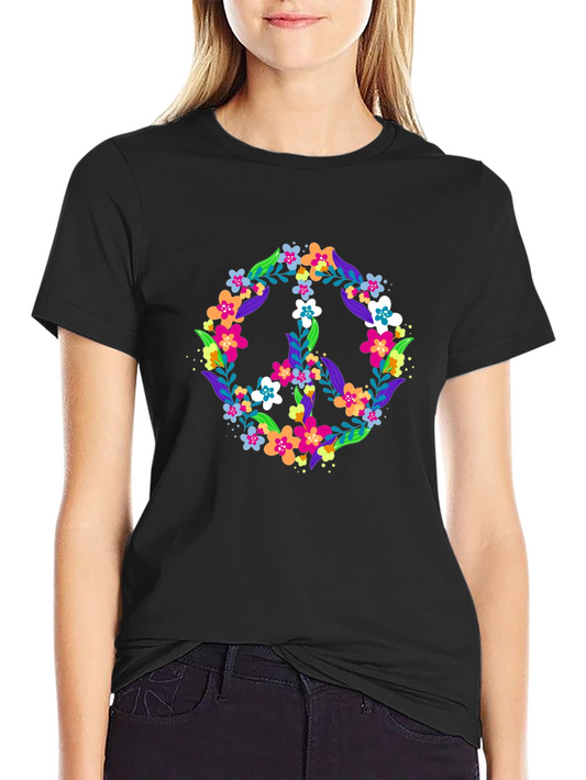 Floral Peace Sign Black T-Shirt