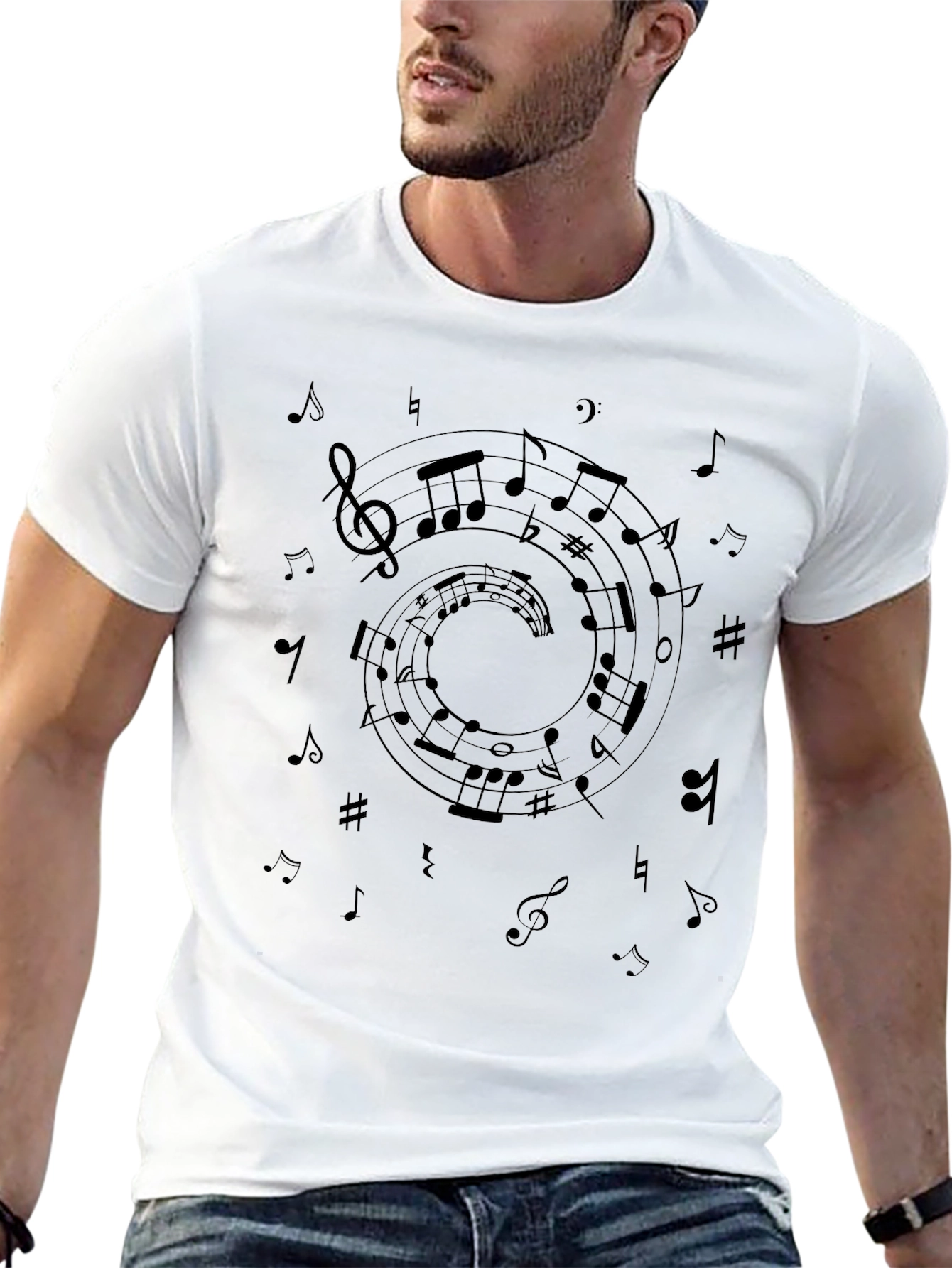 Musical Notes Spiral Graphic Black T-Shirt
