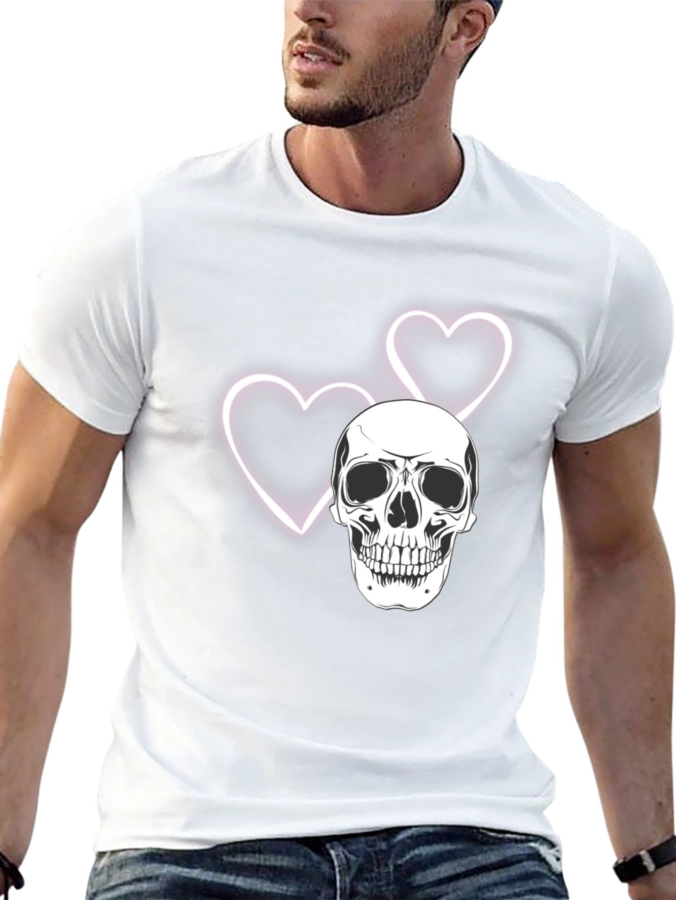 Skull & Hearts Graphic Tee - Black Cotton T-Shirt
